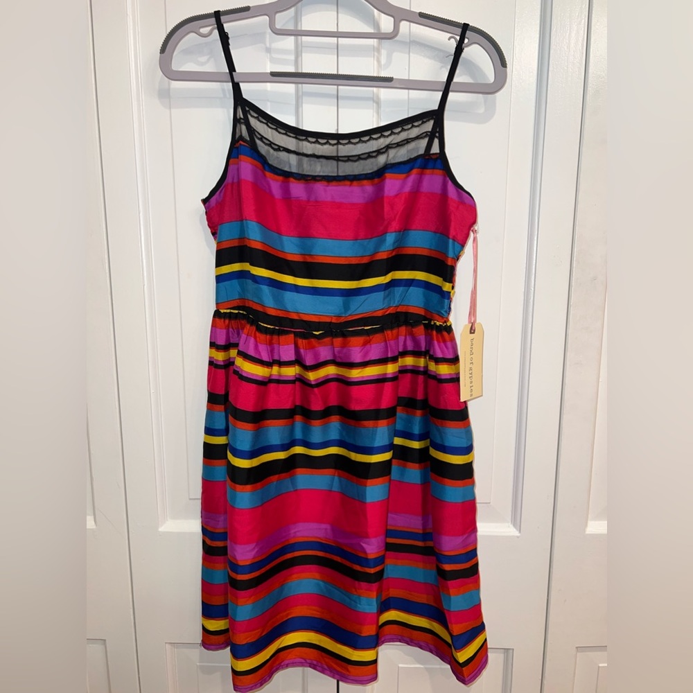 Band of gypsy's colorful striped A-line mini dress with black lace neckline
